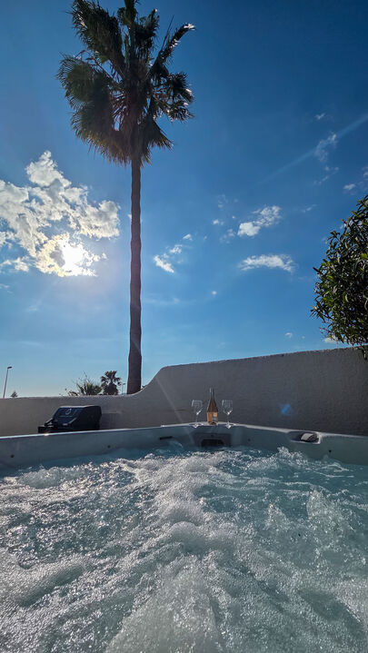 Private and exclusive jacuzzi under palm trees