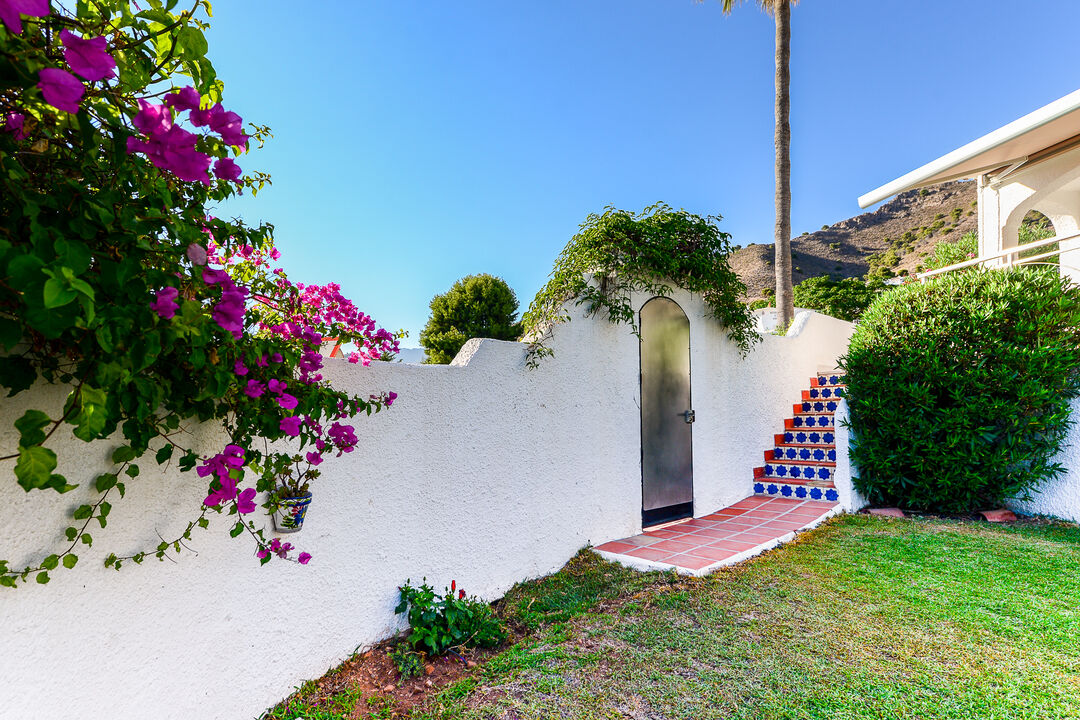 Entrée ornée de bougainvilliers avec un escalier carrelé typique de la région