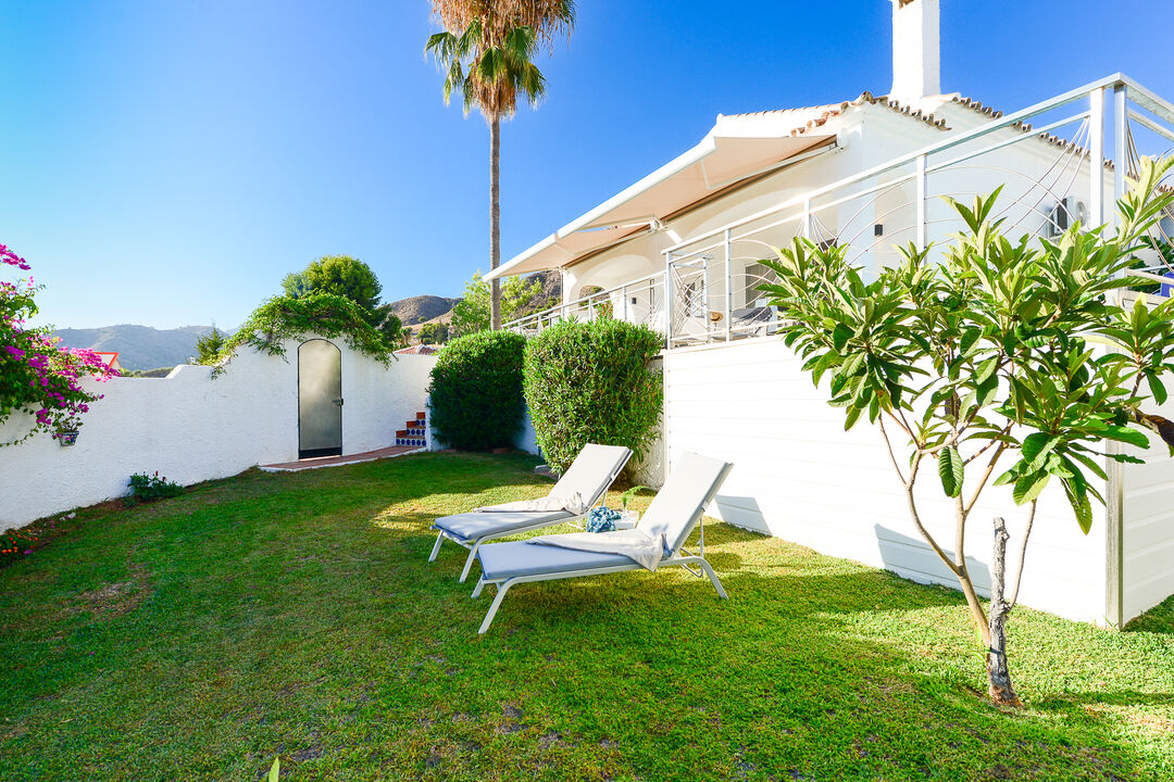Jardin avec des chaises longues confortables